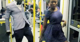 Kwabena Benko and Tracy Selasi dance in a tram