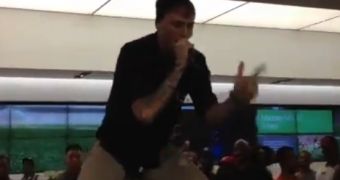 MGK rapped on two tables inside a Microsoft Store