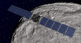 This is a rendition of the NASA Dawn spacecraft orbiting Vesta