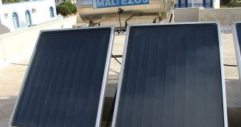 Solar thermal system for water heating in Santorini, Greece.