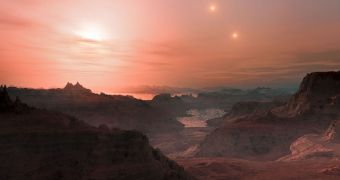 This artist’s impression shows a sunset seen from the super-Earth Gliese 667 C