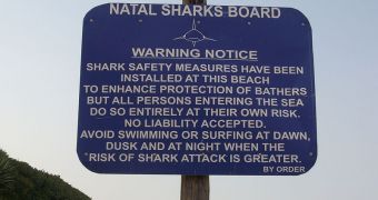 A sign warning about the presence of sharks in Salt Rock, South Africa