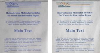 Comparison of documents printed on the rewritable paper with water ink (a) and on conventional paper with standard ink (b)