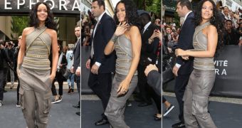 Rihanna shows up completely covered up in Paris for her fragrance launch