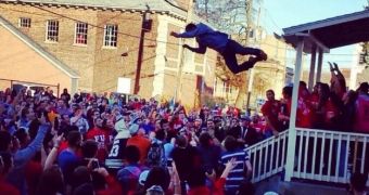 Students from SUNY Cortland celebrate with a riot