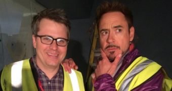Robert Downey Jr. and executive producer Jeremy Latcham on the set of “Avengers: Age of Ultron”