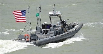 Unmanned 11-meter rigid hulled inflatable boat (RHIB) from Naval Surface Warfare Center Carderock