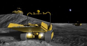 A sketch depicting the size of the proposed project - lunar rovers at work, cleaning a future landing site