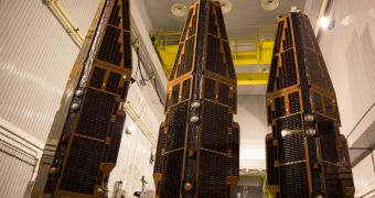 The three Swarm satellites before their mating with the launch adapter