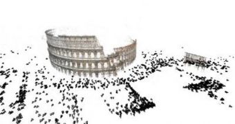 The Colosseum is seen here in the digital reconstruction. Each triangle is where a person was standing when he or she took a photo. The building's shape is determined by analyzing photos taken from all these different perspectives