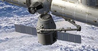 This computer rendition shows the SpaceX Dragon space capsule docked to the ISS