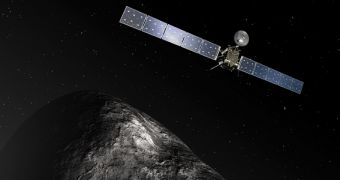 Rendering of Rosetta approaching comet 67P/Churyumov-Gerasimenko