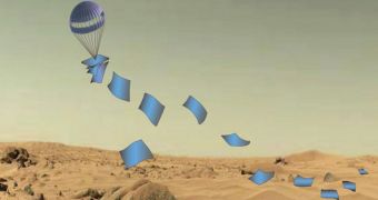 Rendering of how 2D landers could be deployed onto the surface of Mars