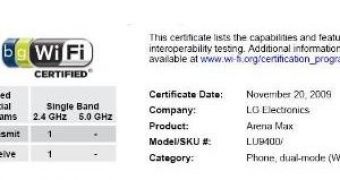 LG Arena Max has received Wi-Fi certification