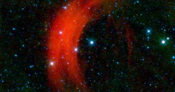 NASA telescope picks up amazing bow shock moving ahead of the runaway star Alpha Camelopardalis
