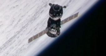 Image showing a Russian-built Soyuz spacecraft on approach to the ISS