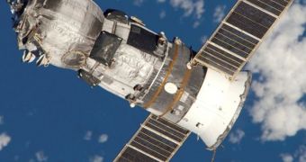 A former Progress unmanned spacecraft approaching the ISS