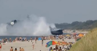 Military ship docks on Mechnikovo beach in Russia