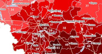 Map showing the intensity of the heat wave that struck Russia. Image shows temperatures for July 31, 2010