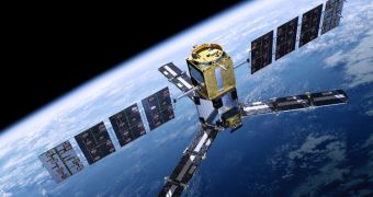 Artist's impression depicting the ESA SMOS satellite in a 758-kilometer orbit above Earth