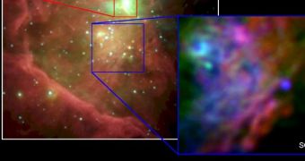 Two important portions of the Orion Nebula, as seen by SOFIA. The background image was collected by the NASA Spitzer Space Telescope