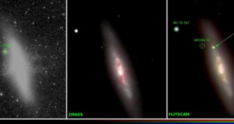 Comparison between SN 2014 J images from two sky surveys (DSS and 2MASS) and SOFIA's FLITECAM (right)