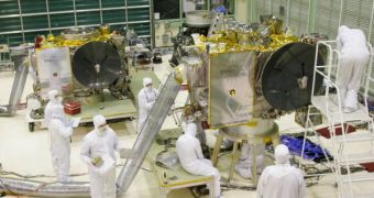 The STEREO spacecrafts, while still in their cleanroom at NASA