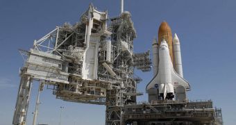 Endeavor is seen here docked at Launch Pad 39A, at the Kennedy Space Center