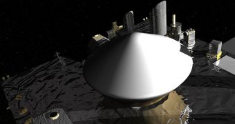 Artist's impression of OSIRIS-Rex collecting samples from asteroid Bennu