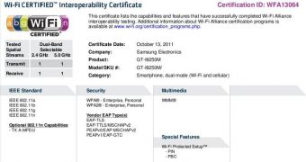 Samsung GT-i9250M WiFi Certification
