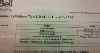 Samsung Galaxy Tab 8.9 LTE Arriving at Bell Canada on December 7