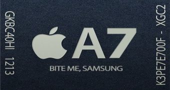 A7 chip mockup bearing Samsung pun