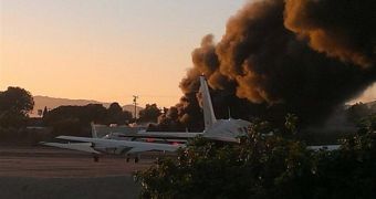 a plane has crashed into a hangar at Santa Monica airport in California
