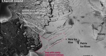 The figure displays the Envisat Advanced Synthetic Aperture Radar image from April 27, 2009, superimposed on a picture from April 24, 2009. The margins of the collapsed ice bridge that formerly connected the Charcot and Latady Islands are outlined in whit