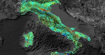 This image shows the average displacement rates over millions of permanent scatterers identified over Italy using data from the ESA ERS missions