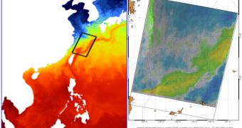 Right: the first Envisat Advanced Synthetic Aperture Radar (ASAR) wide swath image of the structure of the Kuroshio Current off the Chinese coast. Left: ASAR image to the sea-surface temperature model