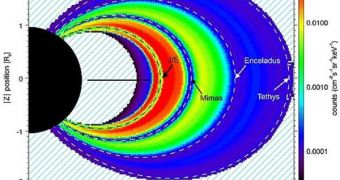 Radiation belt map of the ions with energies between 25-60 MeV, in Saturn's magnetosphere, based on several years of Cassini MIMI/LEMMS data