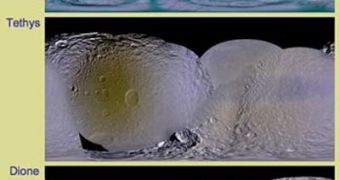Surface maps of the five innermost Saturnian moons, showing peculiar coloring