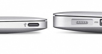 Left: USB Type-C on MacBook Air (rendering), compared to traditional USBs on the current-generation MacBook Air