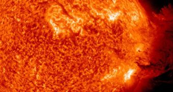 An SDO image captured on June 7, 2011, during which an eruption of solar material mushroomed up and fell down to what appeared to be nearly half the Sun's surface