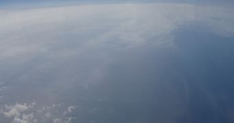The southern part of the Atlantic ocean, as seen through the window of an airplane