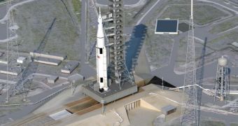 This rendition shows the SLS on its launch pad at the Kennedy Space Center, in Florida