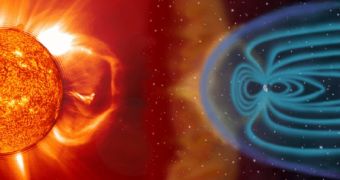 Artistic impression of the interaction between the solar wind and Earth's magnetosphere