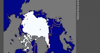 Arctic sea ice extent for July 23, 2012 was 7.32 million square kilometers (2.82 million square miles). The magenta line indicates the 1979-2000 average values