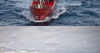 Top: the Sun Laurel in the Southern Ocean Whale Sanctuary. Bottom: Gojira is seen escorting the tanker to the 60 degree latitude line