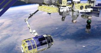 This artist's rendition shows the HTV being grappled with the ISS' Canadarm 2 robotic arm