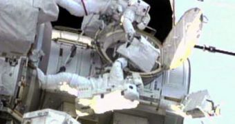 STS-134 astronauts Feustel and Fincke are seen here outside the ISS, carrying out the second of four planned EVA