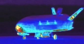 Thermal image of an X-37B space plane returning from orbit