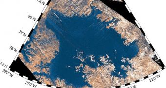This is a false-color view of Ligeia Mare, one of the largest lakes on the Saturnine moon Titan