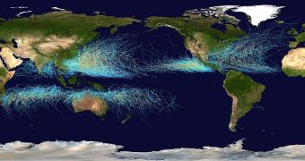 The tracks of all Tropical cyclones that formed worldwide from 1985 to 2005. The points show the locations of the storms at six-hourly intervals, and use the color scheme from the Saffir-Simpson Hurricane Scale